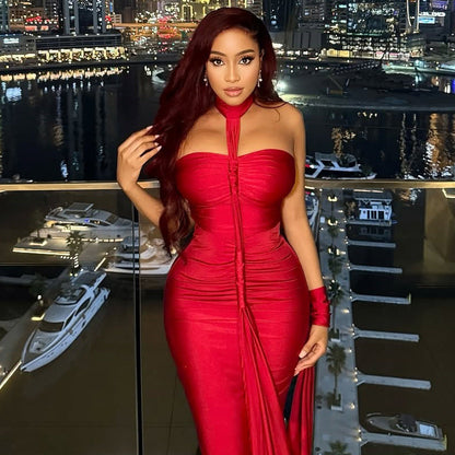 Solid Color Elegant Women Backless Lace up Tube Top Hip Pleated off Neck Dress Cocktail Dress by Ragazza