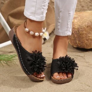 Floral Cloth Wedge Slippers Women Outdoor Seaside Platform Beach Slippers  DestGlow