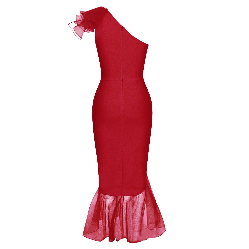Simple Sexy One Shoulder Stitching Lace Slim Fishtail Long Bandage One Piece Dress by Ragazza