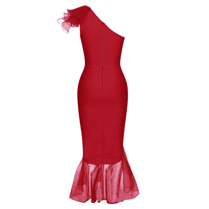 Simple Sexy One Shoulder Stitching Lace Slim Fishtail Long Bandage One Piece Dress by Ragazza