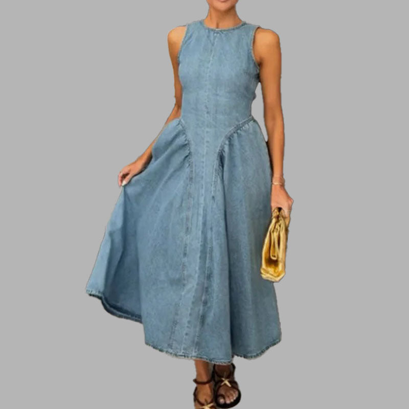 Summer Solid Color round Neck Mid Length Cinched Sleeveless Vest Dress Women by Ragazza