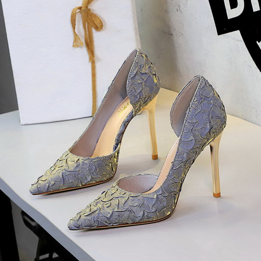 French Pleated Satin Elegant High Heels Women Slip on Evening Dress Pointed Toe Side Empty Pumps Women  DestGlow
