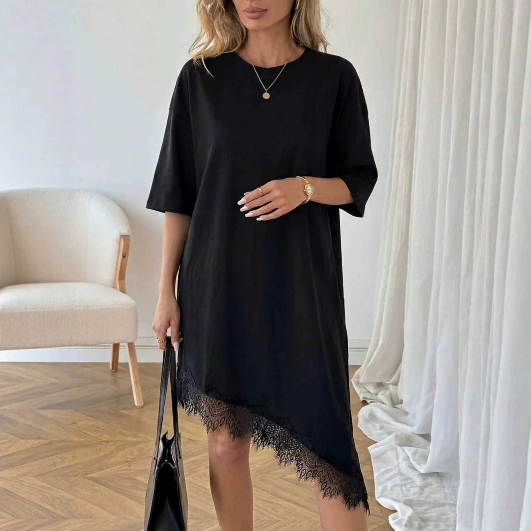 Women Clothing Summer Irregular Asymmetric Loose Solid Color Half Sleeve Dress  DestGlow