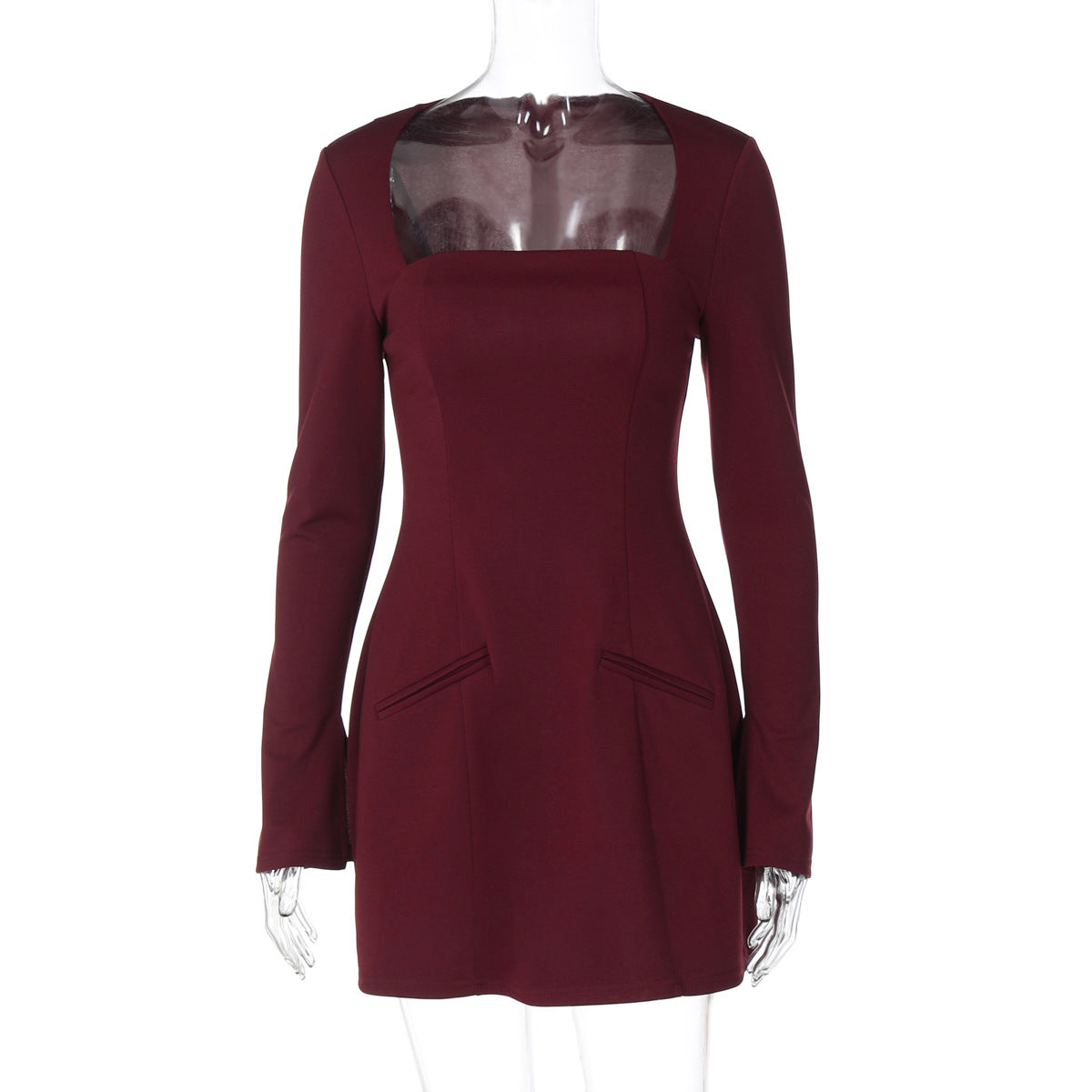Women Autumn French Solid Color Square Collar Long Sleeve Tight Waist Slimming Tight Sheath Dress by Ragazza