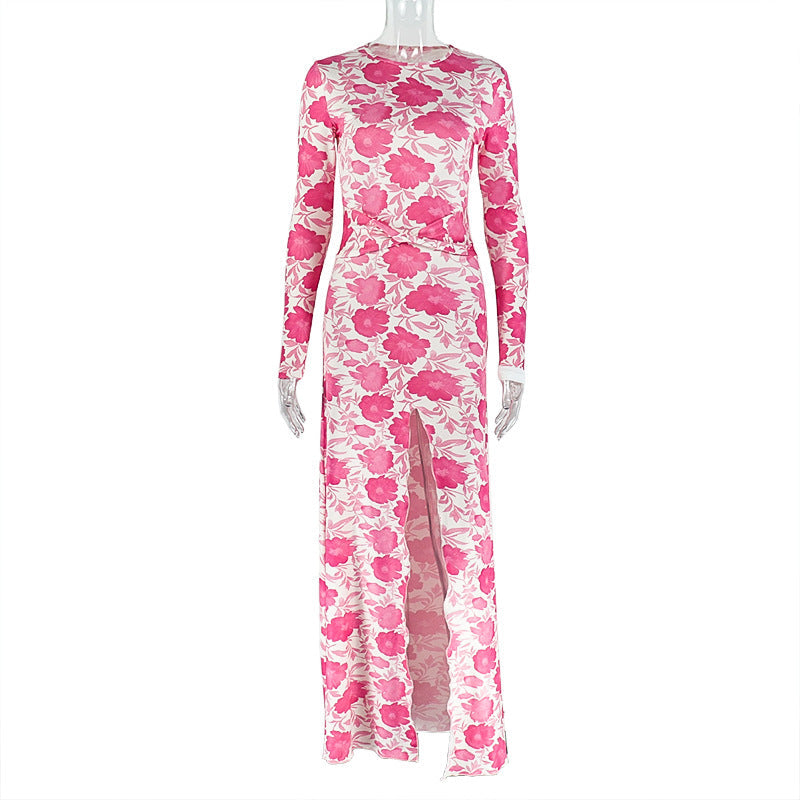 Women Printed Wear Waist Tight Slit Sheath Dress Pleated Slim Fit round Neck Long Sleeves Maxi Dress by Ragazza