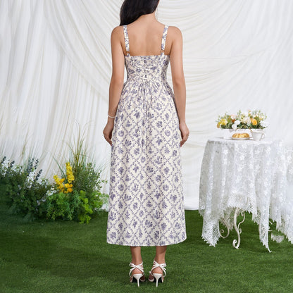 Printed Summer Slip Dress Sexy Backless Lace up Tight Waist High Slit Midi Dress  DestGlow