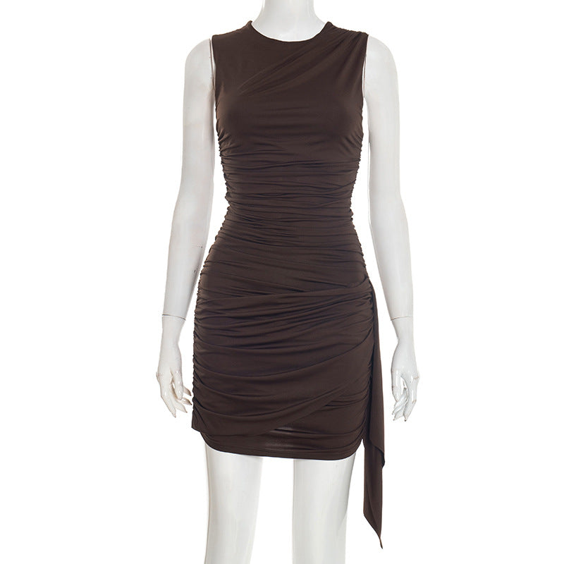 Women Clothing Spring Summer Simple Solid Color Asymmetric Sleeveless Pleated Ribbon Dress Women by Ragazza