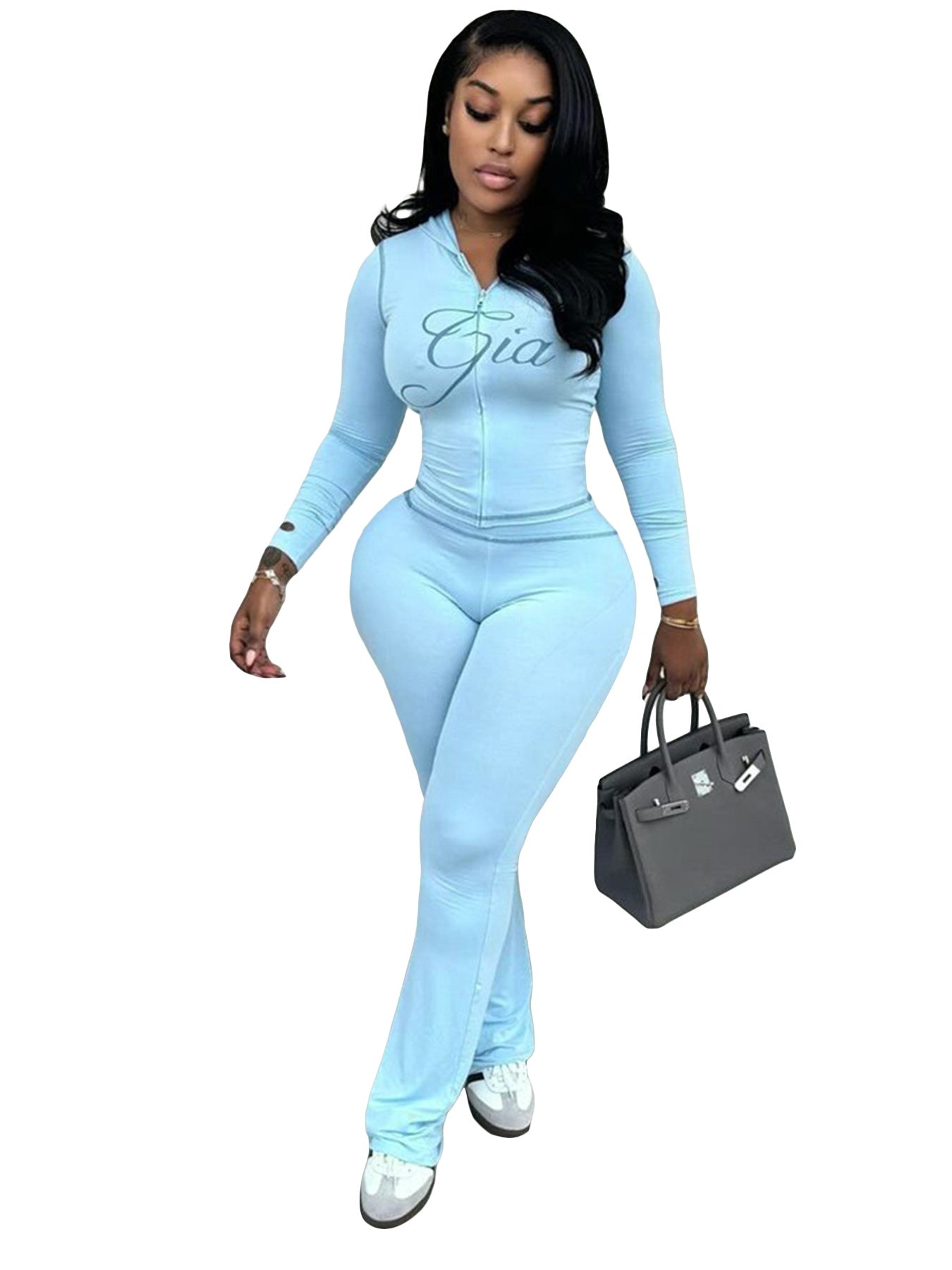 Women Wear Supply Printed Hooded Long Sleeve Thumb Hole Slightly Flared Two Piece Sets by Ragazza
