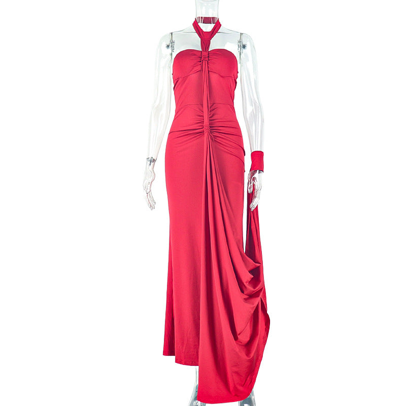 Solid Color Elegant Women Backless Lace up Tube Top Hip Pleated off Neck Dress Cocktail Dress by Ragazza