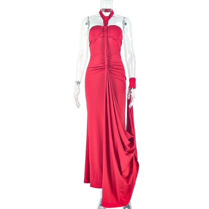 Solid Color Elegant Women Backless Lace up Tube Top Hip Pleated off Neck Dress Cocktail Dress by Ragazza