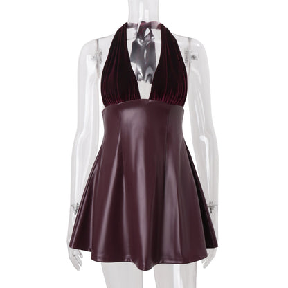 Women Clothing Fall Sexy V neck Low Cut Halter Backless Faux Leather Stitching Dress by Ragazza