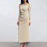 Autumn Casual Elegant Irregular Asymmetric Collar Puff Sleeve Tight Split Dress Khaki Maxi Dress by Ragazza
