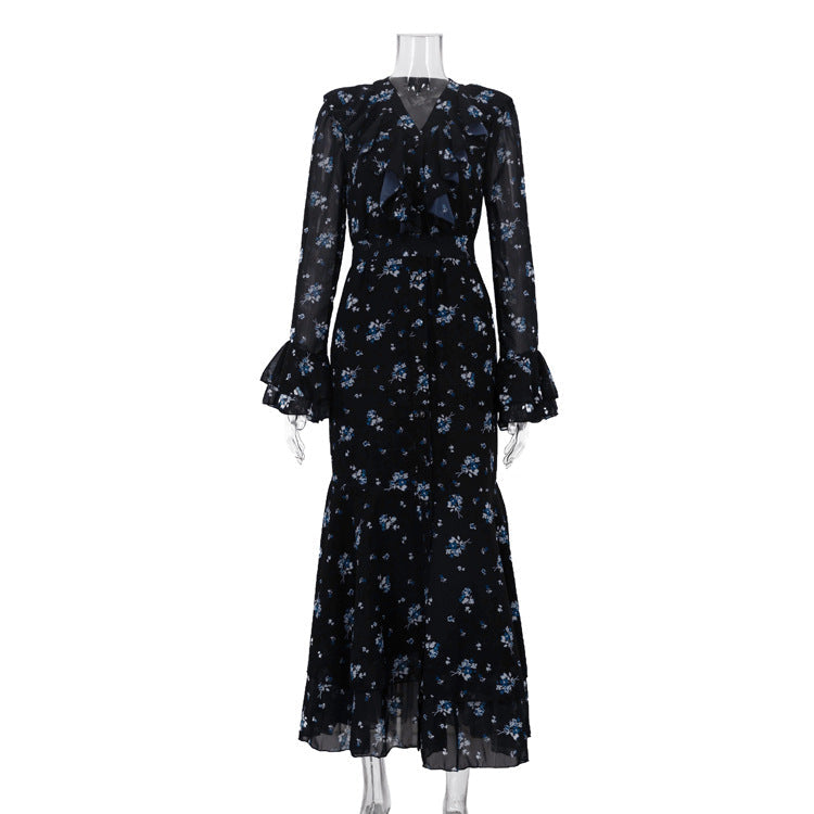 Retro V neck Flounce Bell Sleeve Single Breasted Dress Women Printed Dress  DestGlow