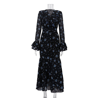 Retro V neck Flounce Bell Sleeve Single Breasted Dress Women Printed Dress  DestGlow