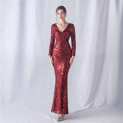 Positioning Floral Cutting Craft Magic Color Sequin Annual Meeting Wedding Long Sleeve Evening Dress by Ragazza