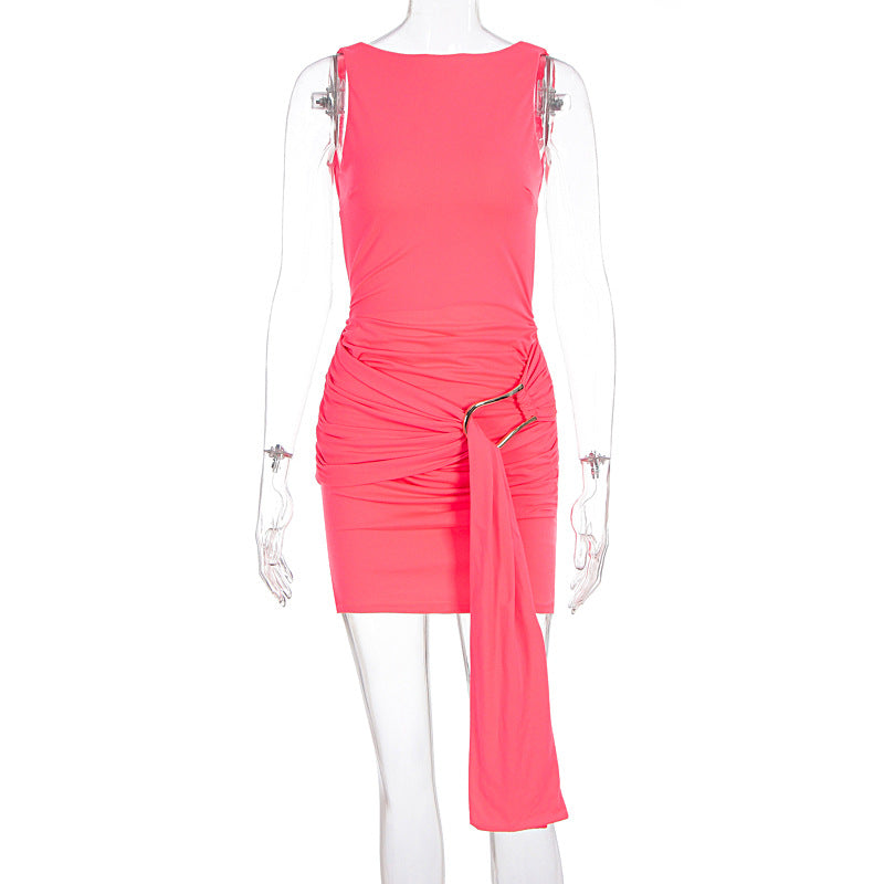 Arrival Women Solid Color Sexy Slim High Waist Backless Metal Decoration Sleeveless Dress by Ragazza