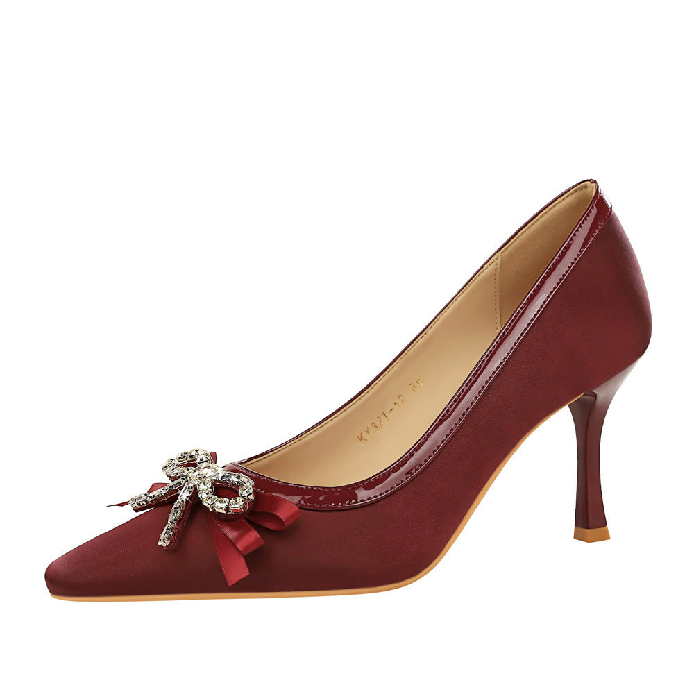 Cocktail Slip on High Heels Women Square Toe Rhinestone Ribbon Bow Pumps Women  DestGlow