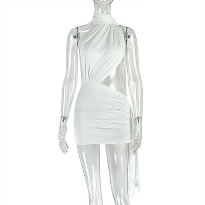 Street Women Wear Stitched Backless Solid Color Hip Lace up Pleated Asymmetric Dress by Ragazza