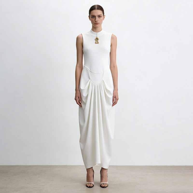 Elegant Elegant Dress Stand Collar Sleeveless Hollow Out Cutout Metal Decorative Twist Pinch Pleated Maxi Dress  DestGlow