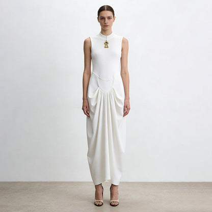 Elegant Elegant Dress Stand Collar Sleeveless Hollow Out Cutout Metal Decorative Twist Pinch Pleated Maxi Dress  DestGlow
