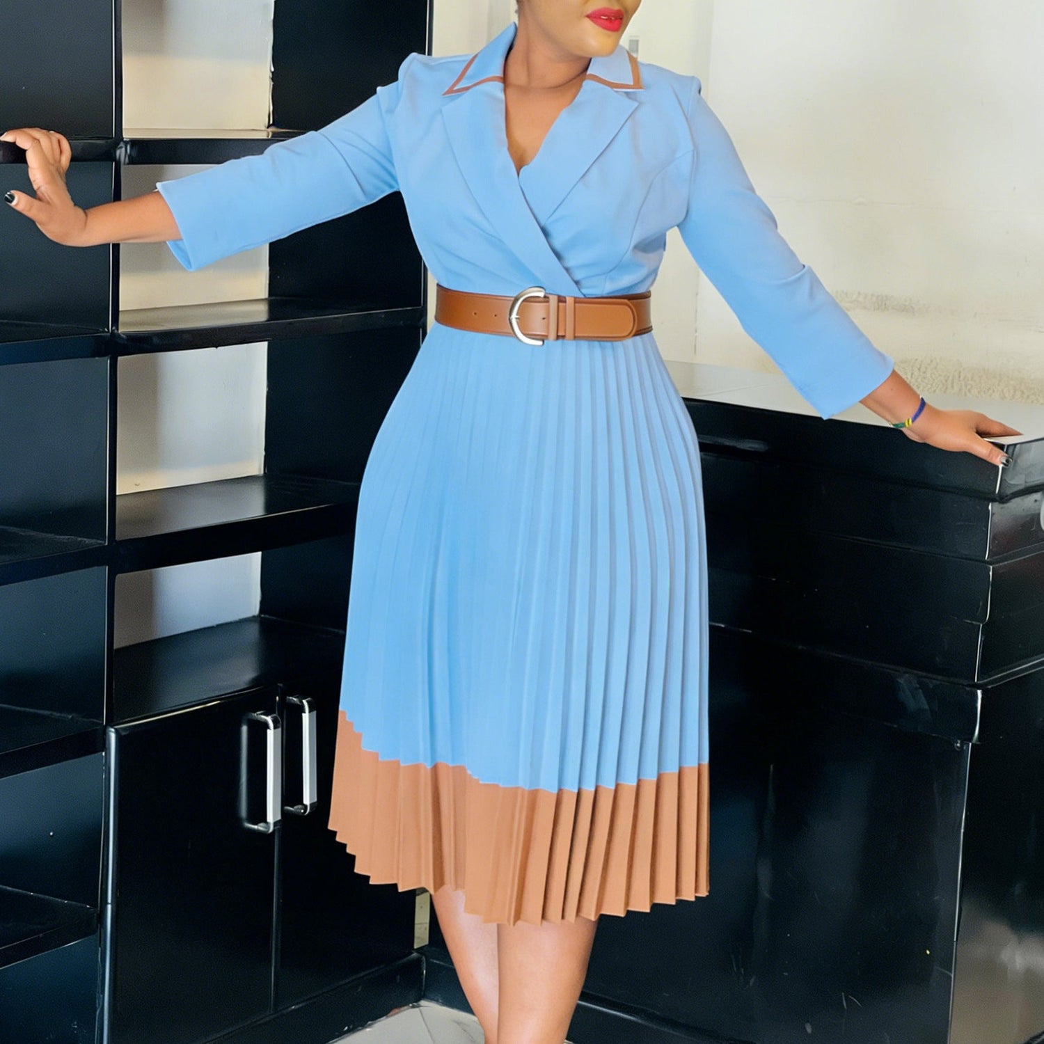 Women Clothing Winter Elegant Elegant Blazers Collar Color Matching Pleated Dress by Ragazza