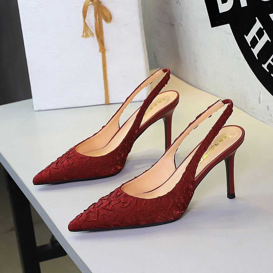 Elegant Pleated Satin Stiletto Women Shoes Pointed Toe Shallow Mouth Cocktail Hollow Out Cutout Back Strap High Heel Sandals  DestGlow