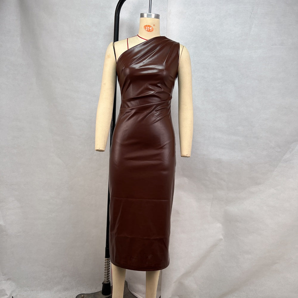 Women Clothing Tight Wrapped Chest Shoulder Faux Leather Dress Sexy Nightclub Dress by Ragazza