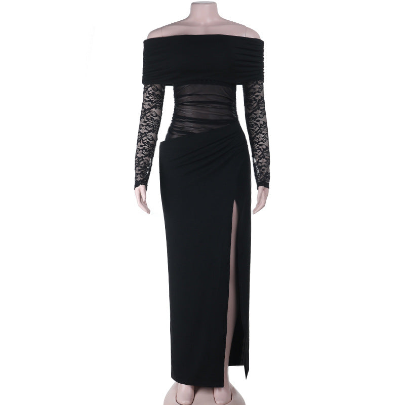 Autumn Sexy Sheer Mesh Lace off Shoulder Wrapped Chest Nipped Waist Sheath Dress by Ragazza