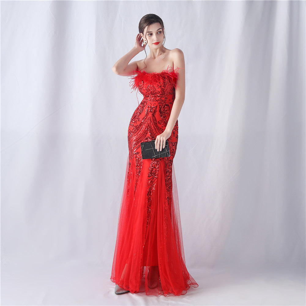 Ostrich Feather Positioning Floral Cutting Wedding Annual Meeting Tube Top Sequin Gauze Evening Dress by Ragazza