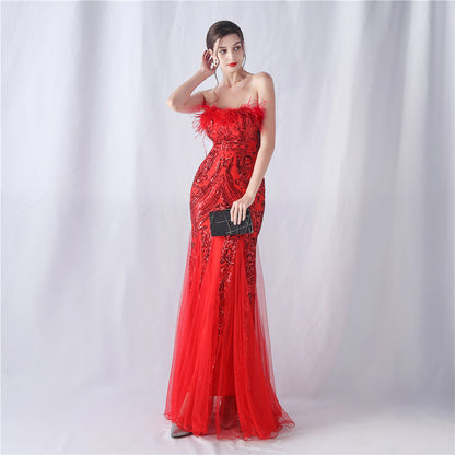 Ostrich Feather Positioning Floral Cutting Wedding Annual Meeting Tube Top Sequin Gauze Evening Dress by Ragazza