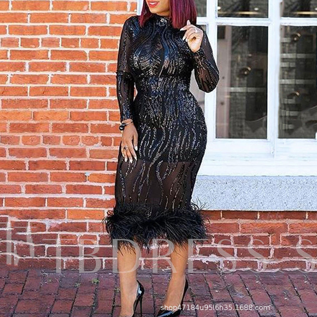 Women Clothing Dress Long Sleeve Turtleneck Midi Dress Tight Waist Bronzing Hip Dress by Ragazza