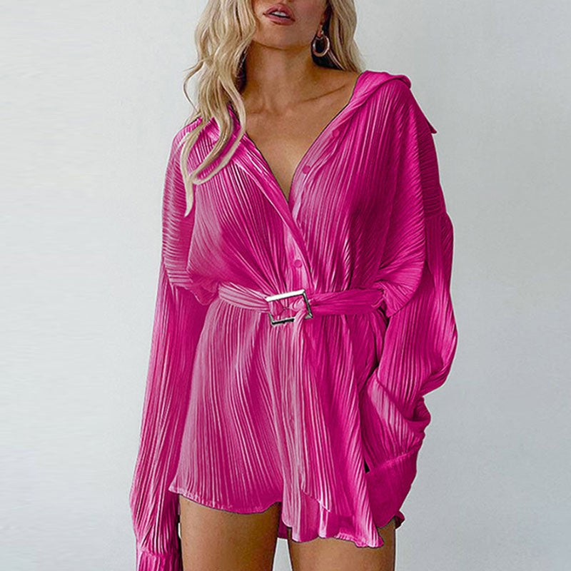 Spring Summer Popular Fashionable Pleated Long Sleeved Shirt Belt Dress by Ragazza