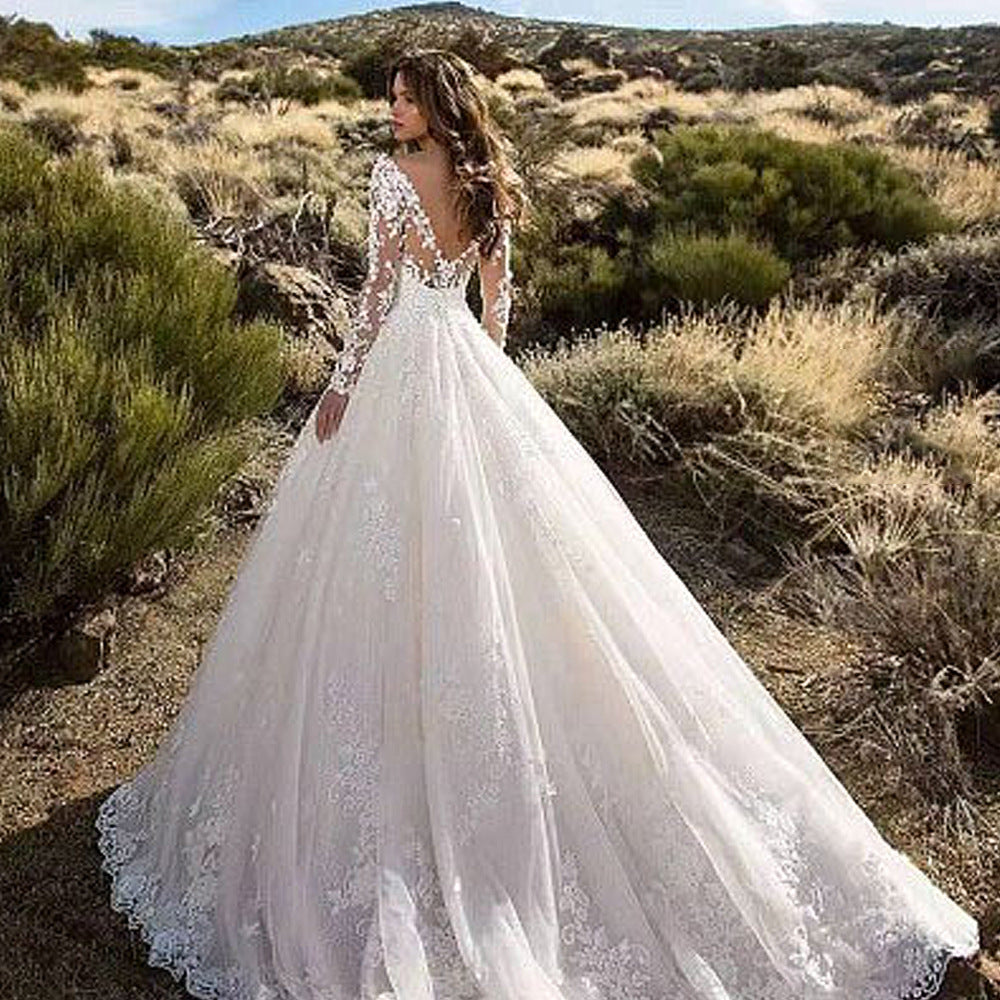 Women Clothing Dress Long Sleeve Solid Color See through Lace Bridal Wedding Dress by Ragazza