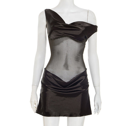 Women Clothing Summer Artificial Silk Stitching Mesh Sloping Shoulder Dress by Ragazza