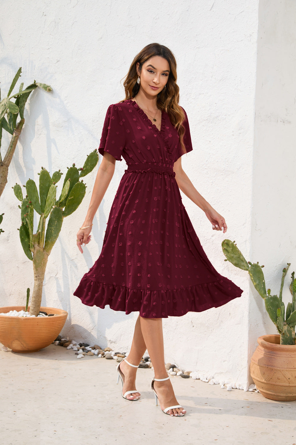 V neck High Waist Tied Dress Fur Ball Short Sleeve Dress Casual Vacation Travel Dress by Ragazza