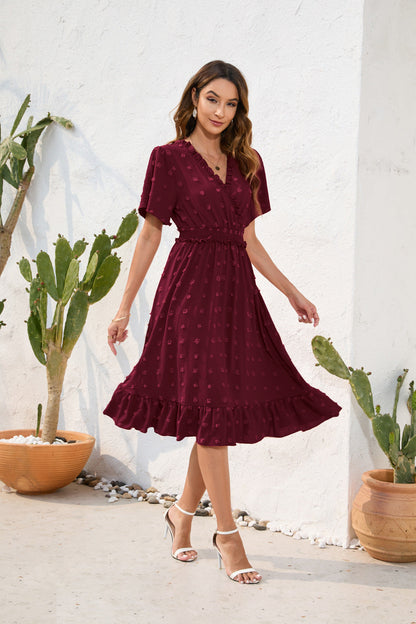 V neck High Waist Tied Dress Fur Ball Short Sleeve Dress Casual Vacation Travel Dress by Ragazza