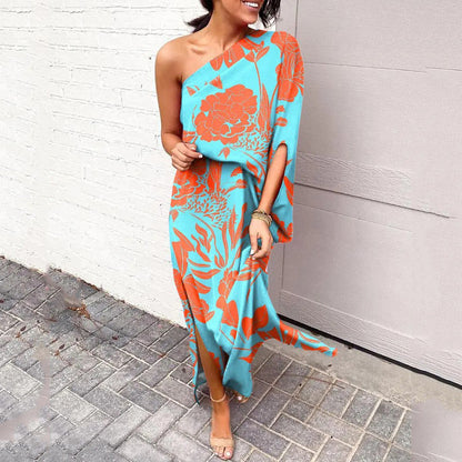 Summer Loose off Shoulder Waist Trimming Printing Dress Women by Ragazza