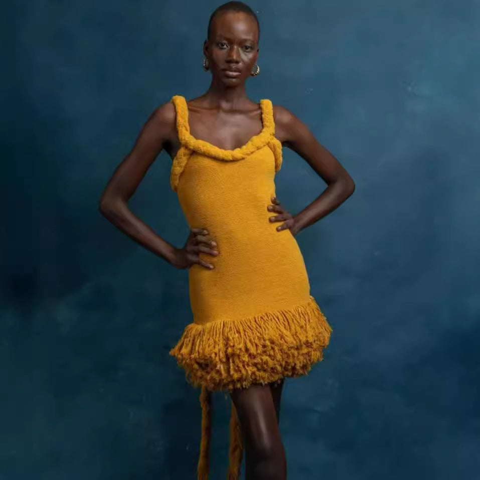 Autumn Winter Hand Woven Twine Rope Shoulder Strap Tassel Dress Swing Short Dress by Ragazza