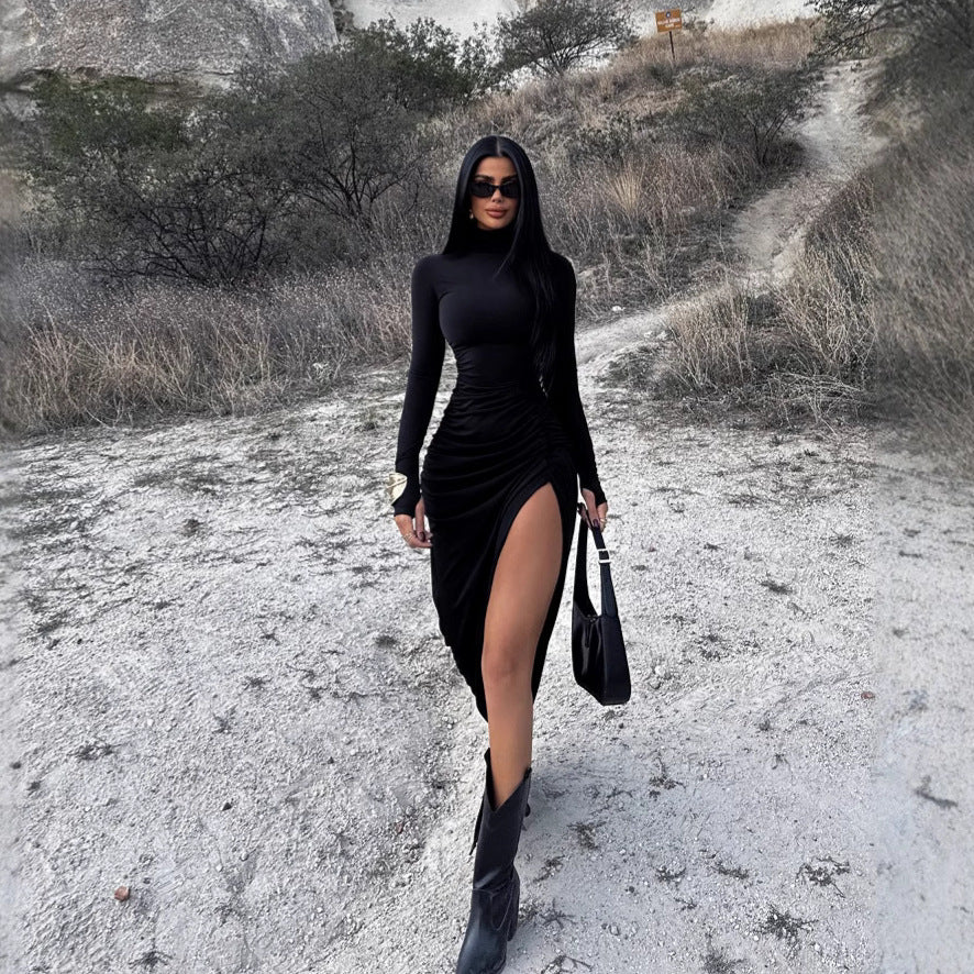 Autumn Stand Collar Long Sleeve Pleated Sexy Slit Hip Bag Dress Women by Ragazza