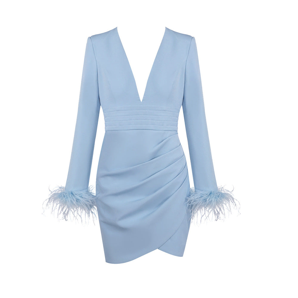 Light Blue Deep V Plunge Feather Sleeve Business Blazers Dress Tight Waist Slim Sexy Sheath Dress by Ragazza