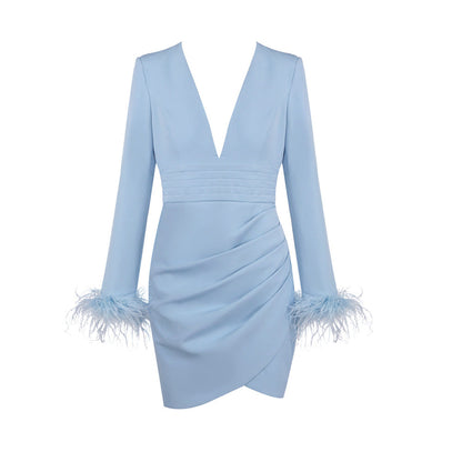 Light Blue Deep V Plunge Feather Sleeve Business Blazers Dress Tight Waist Slim Sexy Sheath Dress by Ragazza