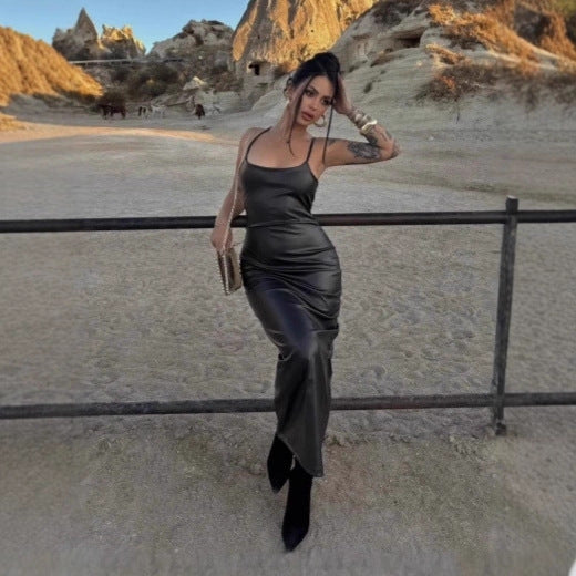 Women Clothing Sexy Faux Leather Sexy U Neck Cross Lace-up Backless Sheath Maxi Dress by Ragazza