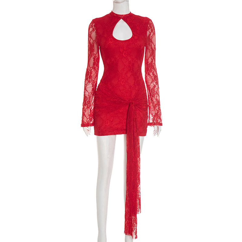 Women Clothing Autumn Solid Color Hollow Out Cutout out Strap Sexy Lace Long Sleeve Ribbon Short Dress by Ragazza