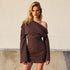 Women Sexy Mature Solid Color Long Sleeve off the Shoulder Upper Body Loose Short Dress by Ragazza