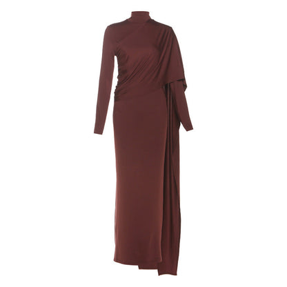 Women Wear Autumn Solid Color Elegant Lady Turtleneck Long Sleeve Tight Waist Sheath Ribbon Dress by Ragazza