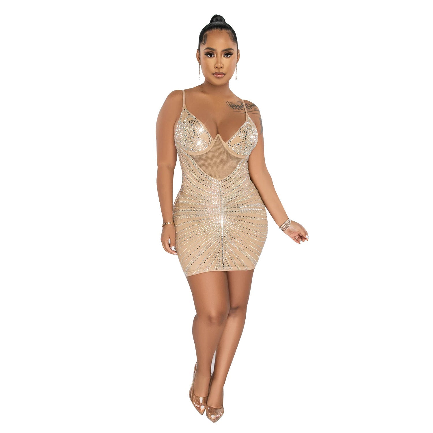 Women Wear Rhinestone Mesh Camisole Sleeveless Dress by Ragazza