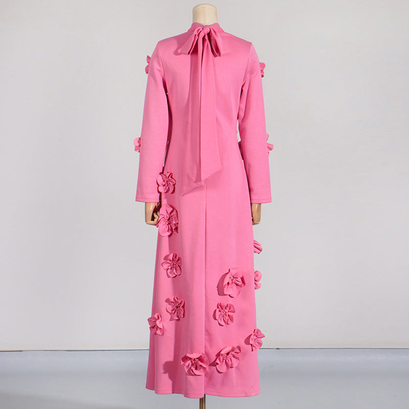 French Floral Stitching Dress Summer High Grade Vacation Stand Collar Long Sleeve Three Dimensional Long Dress by Ragazza