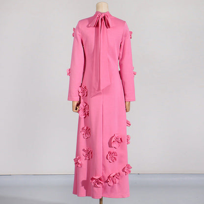 French Floral Stitching Dress Summer High Grade Vacation Stand Collar Long Sleeve Three Dimensional Long Dress by Ragazza