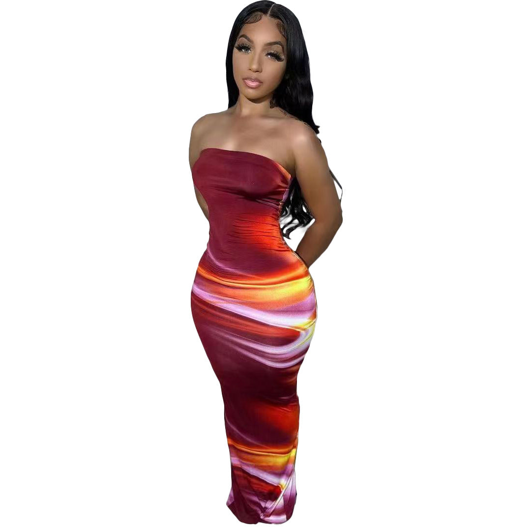 Women Clothing Summer Sexy Off The Shoulder Tube Top Positioning Floral Print Slit Dress by Ragazza