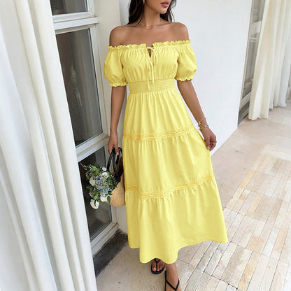 Fresh Vacation Solid Color off Shoulder Puff Sleeve Tiered Dress by Ragazza